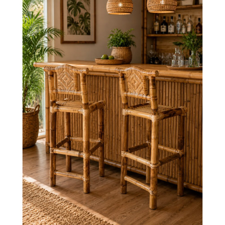 Bamboo Bar Stool with Rattan Backrest